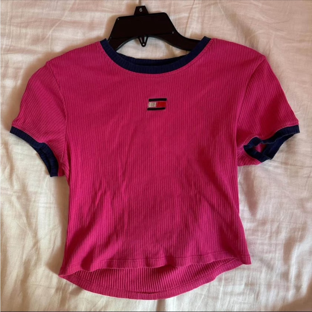Tommy Hilfiger Sport Pink Ribbed Tee with Blue Collar